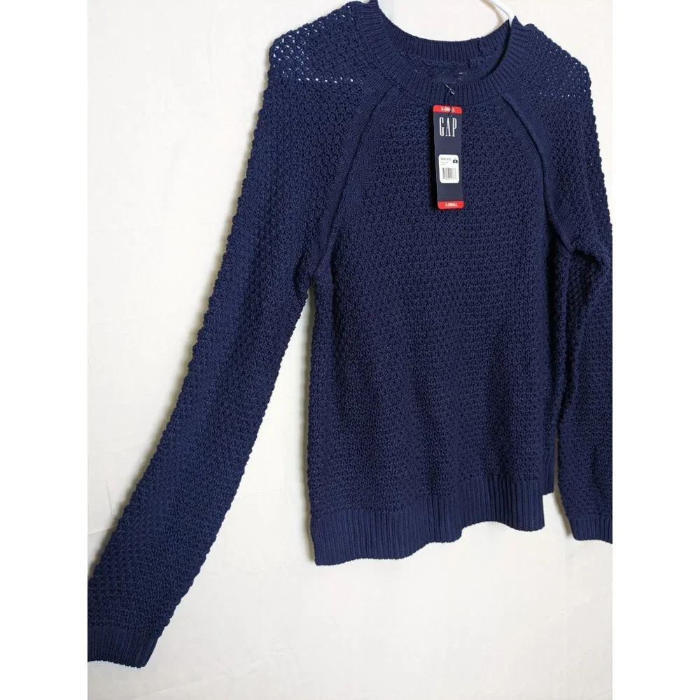 NWT Gap Textured Knit Preppy Cottage Crew Neck Navy Blue‎ Sweater Women's XS